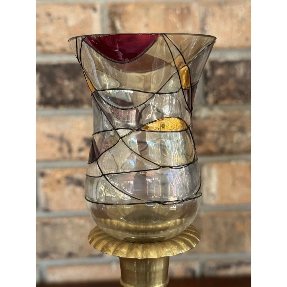 Vintage Stained Glass Votive Cups Pair Amber Red Art Glass Mid Century Style